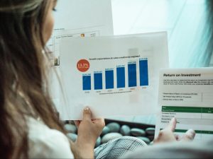 Two people holding documents showing various graphs and statistics about Return on Investment.